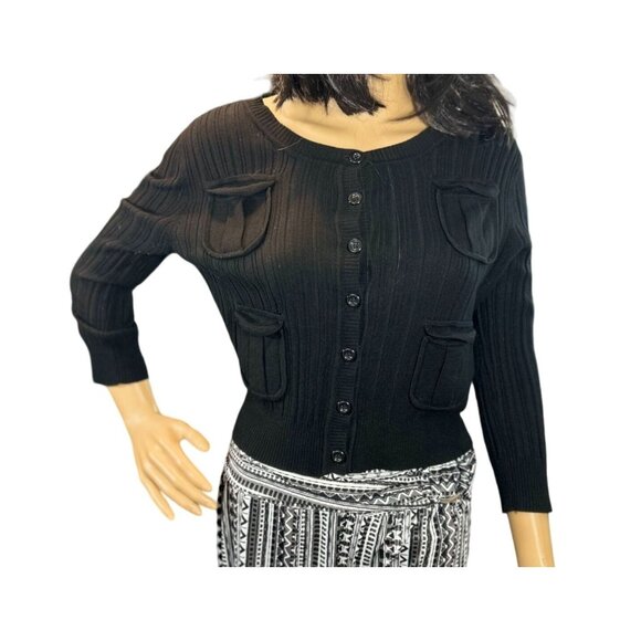 Quarter Sleeve Ribbed Button Down Ribbed Pocket Cardigan Size Medium - Picture 1 of 7